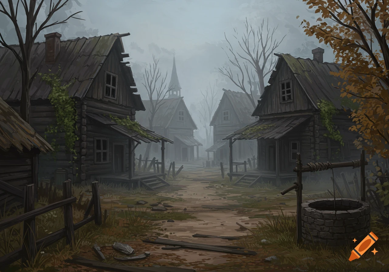 A misty, abandoned village with dilapidated wooden huts, bare trees, and a stone well under a grey sky, in a digital art style.