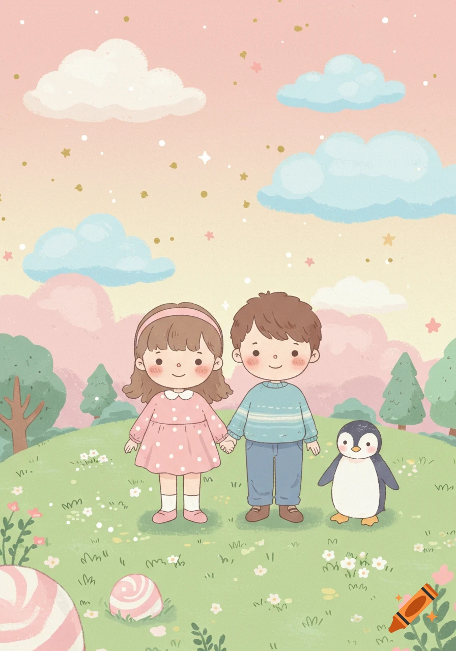 Cute cartoon illustration of a boy, girl, and penguin standing in a dreamy pastel landscape with clouds and stars.