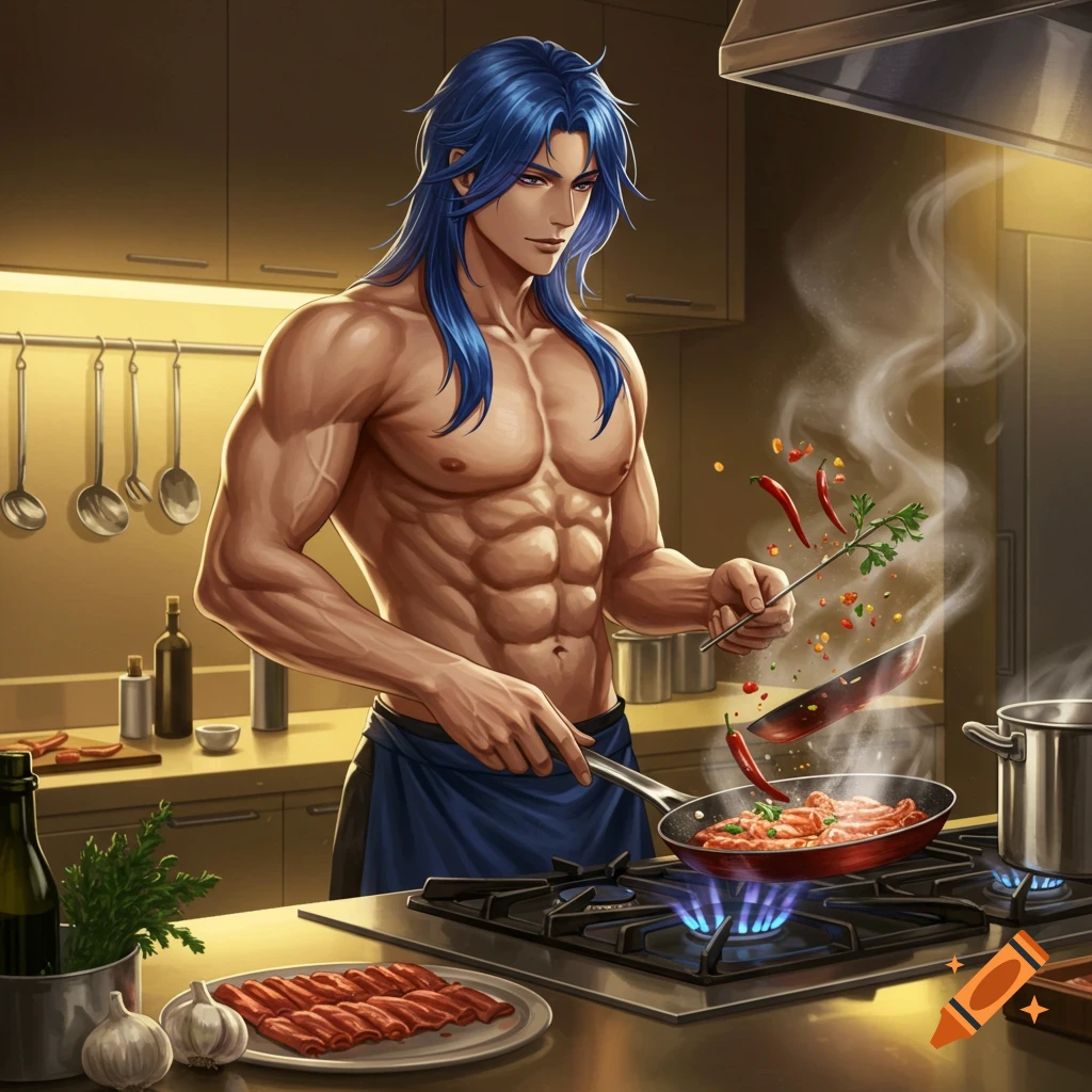 A muscular anime man with long blue hair cooks a meal in a kitchen, tossing ingredients in a pan.