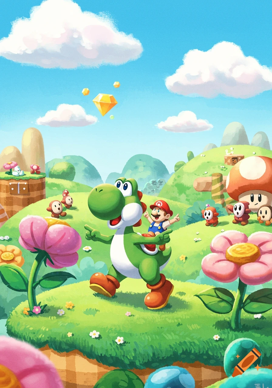 Yoshi stands on a grassy platform in a vibrant, whimsical landscape with  floating fruits, clouds, and shining sun rays. on Craiyon, image size:896x1280