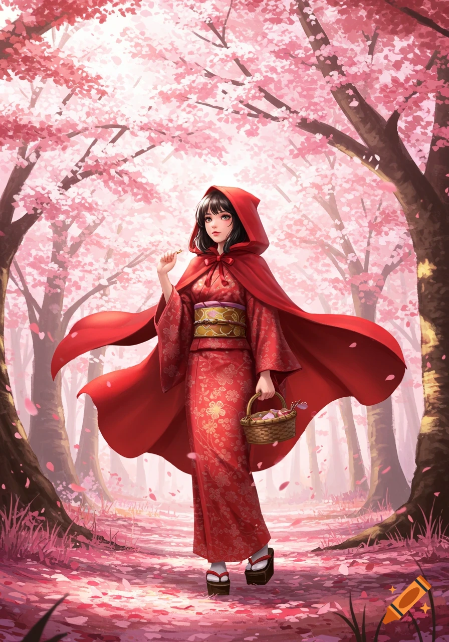 Anime woman in a red hooded cape and kimono walks through a path strewn with pink cherry blossoms, holding a basket.