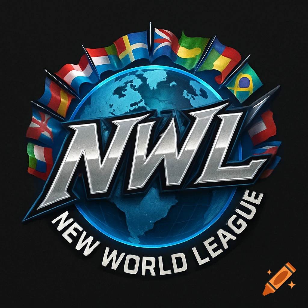 Metallic NWL New World League logo with a blue globe and a semicircle of international flags.