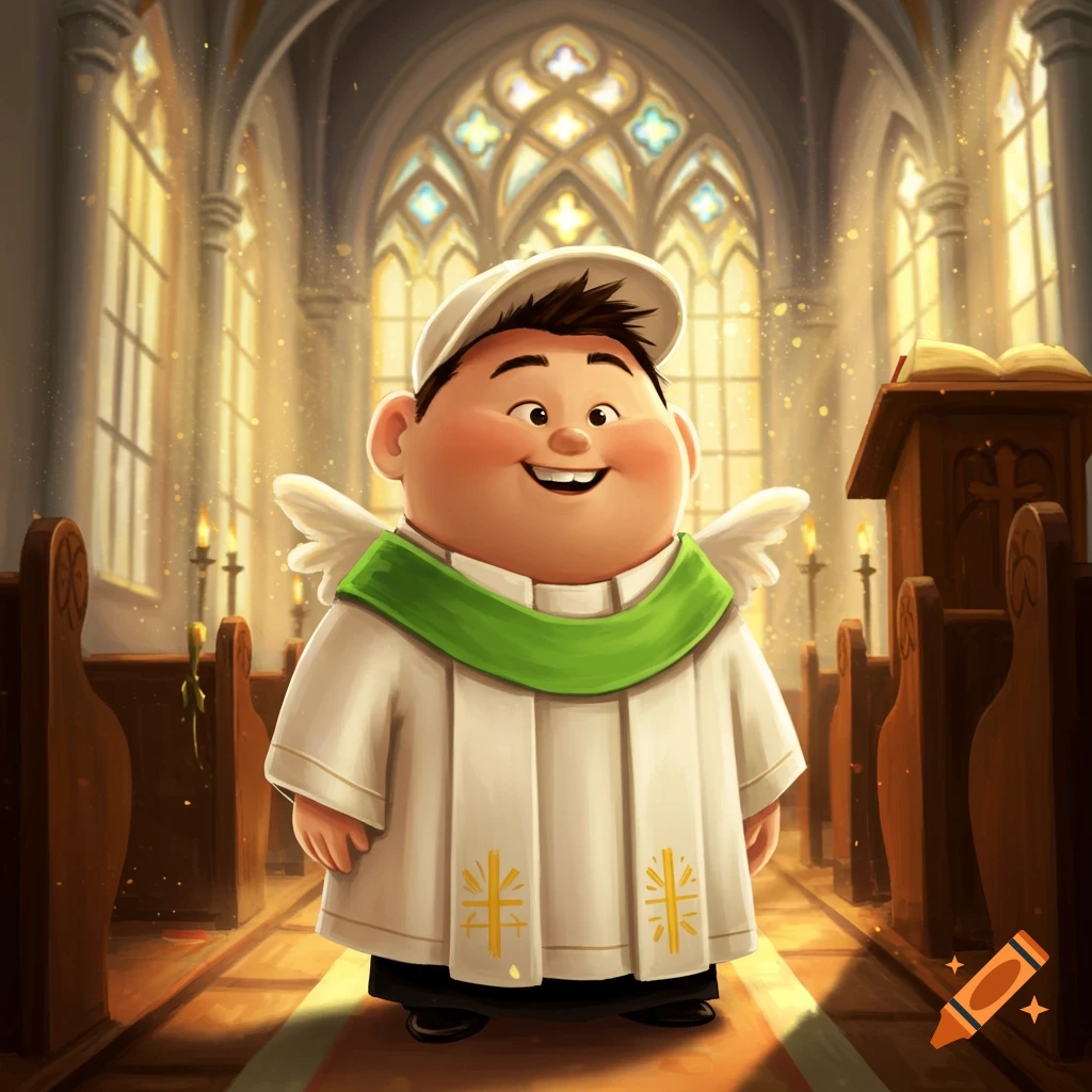 Smiling cartoon boy, resembling Russell from Up, in a white robe and green sash in a brightly lit church.