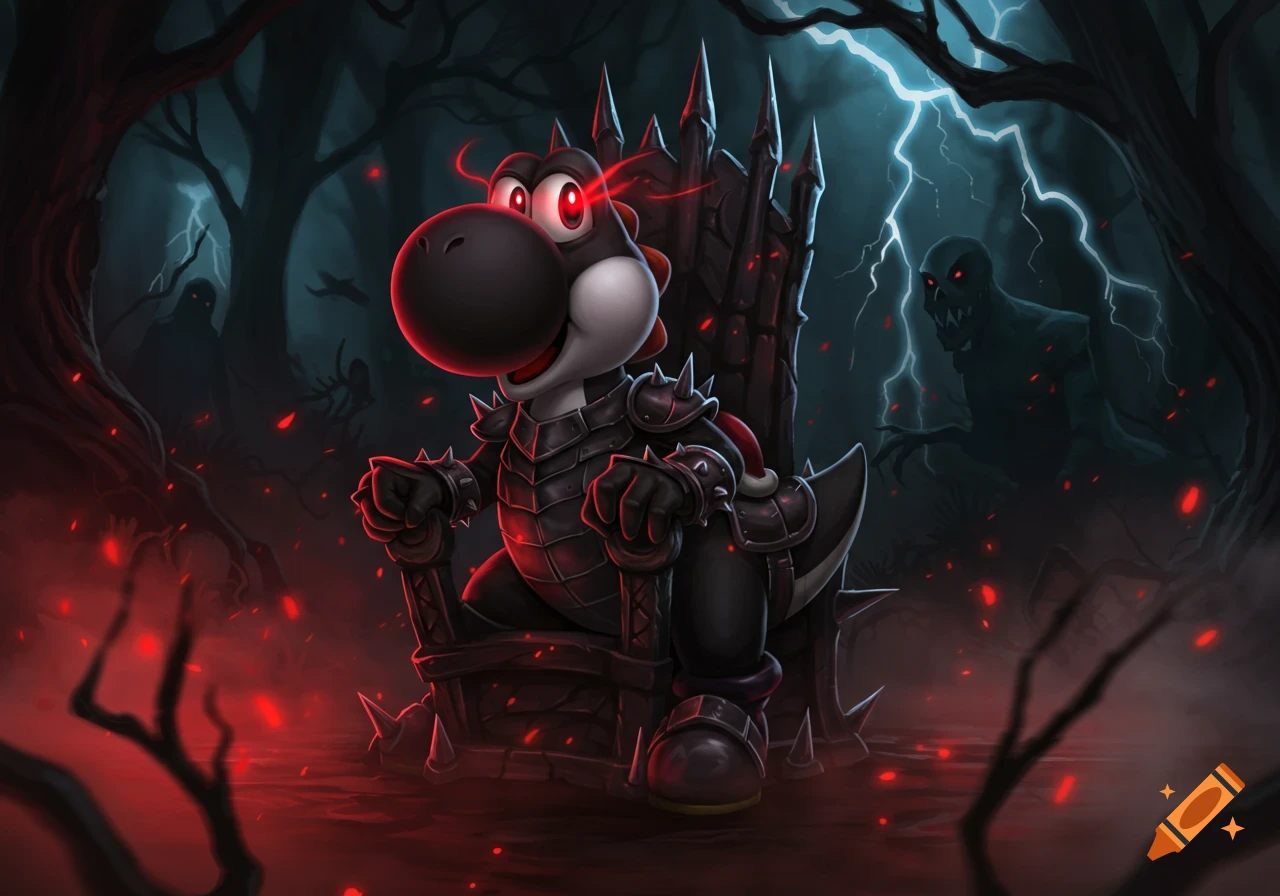 Black armored Yoshi with red glowing eyes sits on a spiky throne in a dark forest with lightning and shadowy figures. Dark fantasy art.