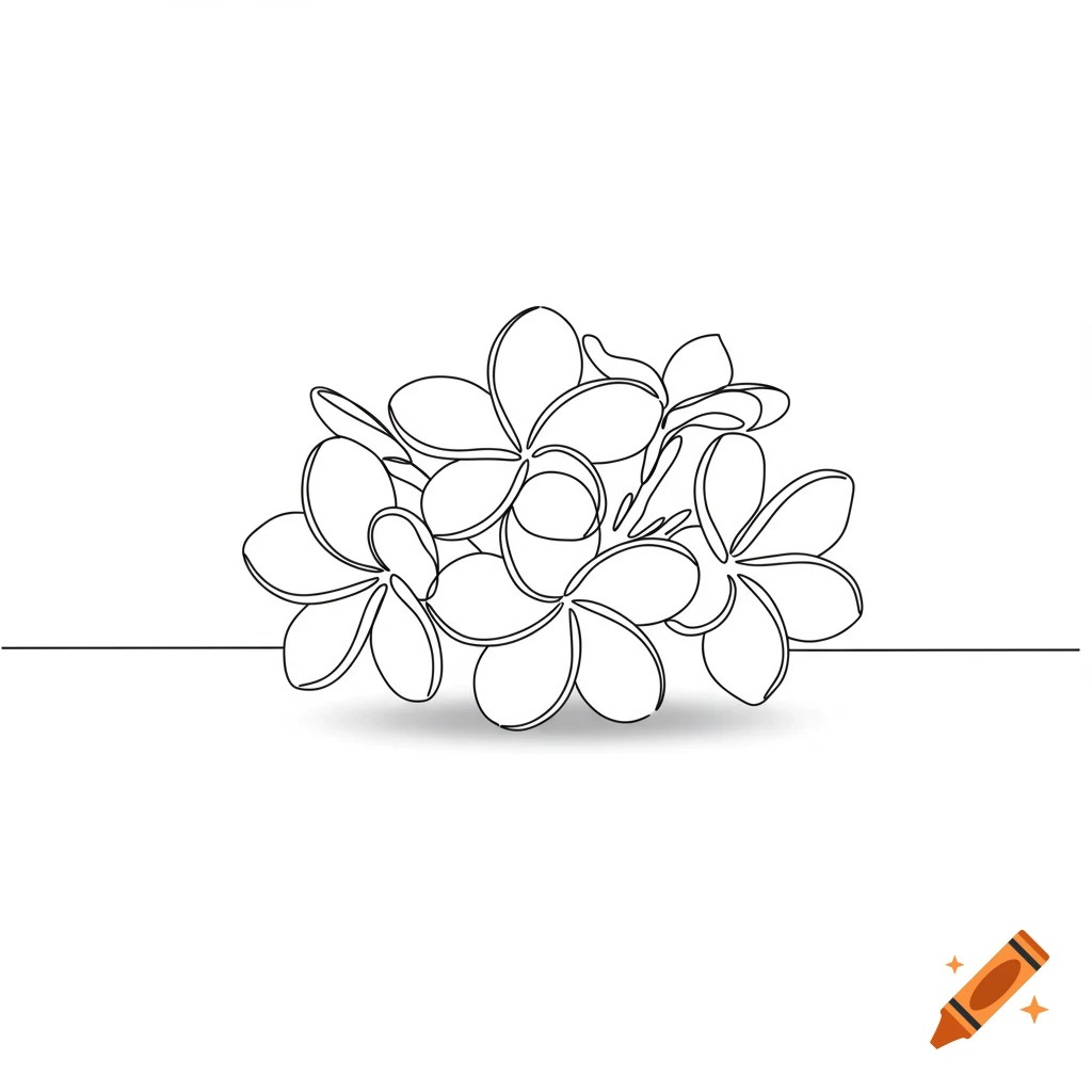 Continuous line drawing of several plumeria flowers with a subtle shadow on a white background.