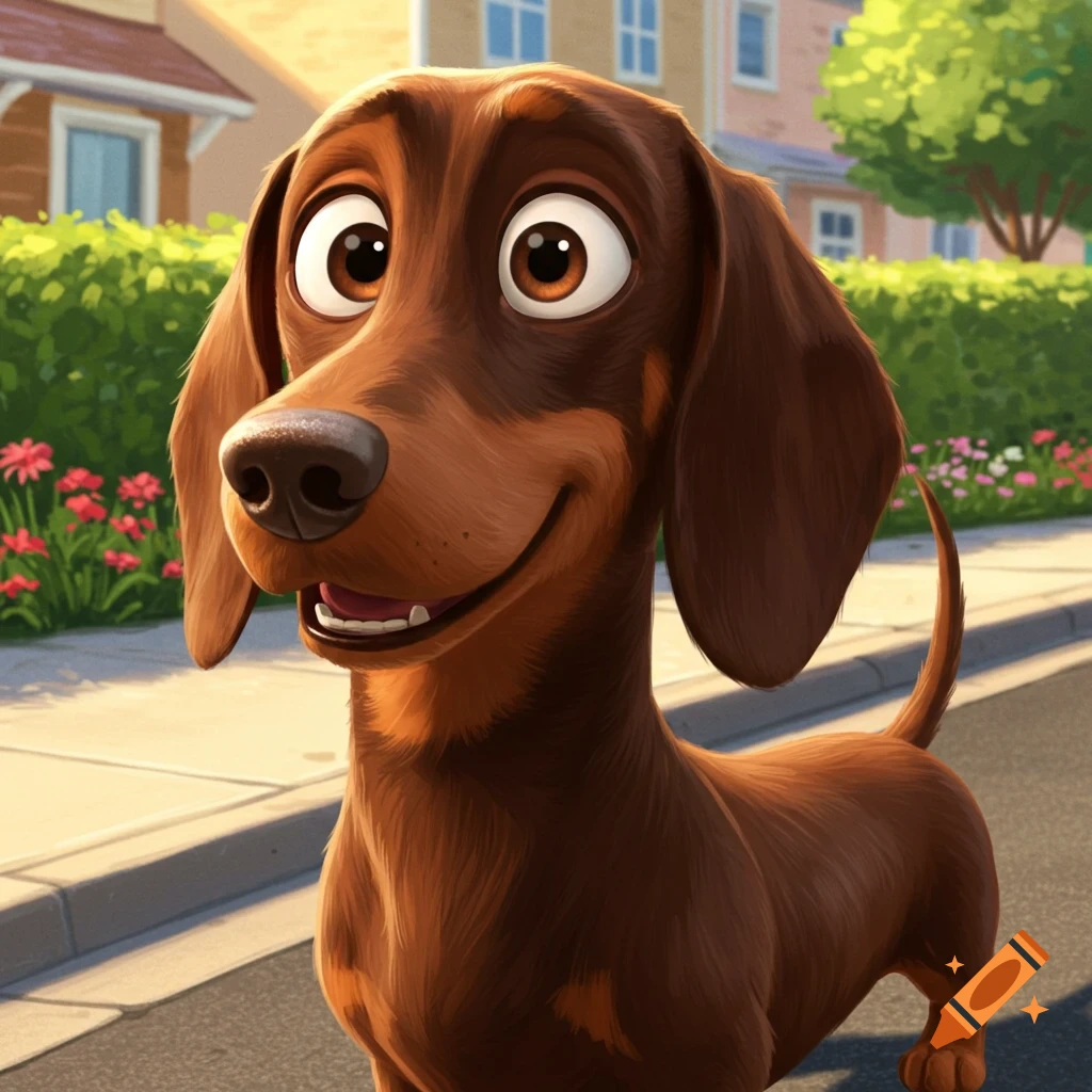 A cute, smiling cartoon brown dachshund with large eyes stands on a suburban sidewalk.