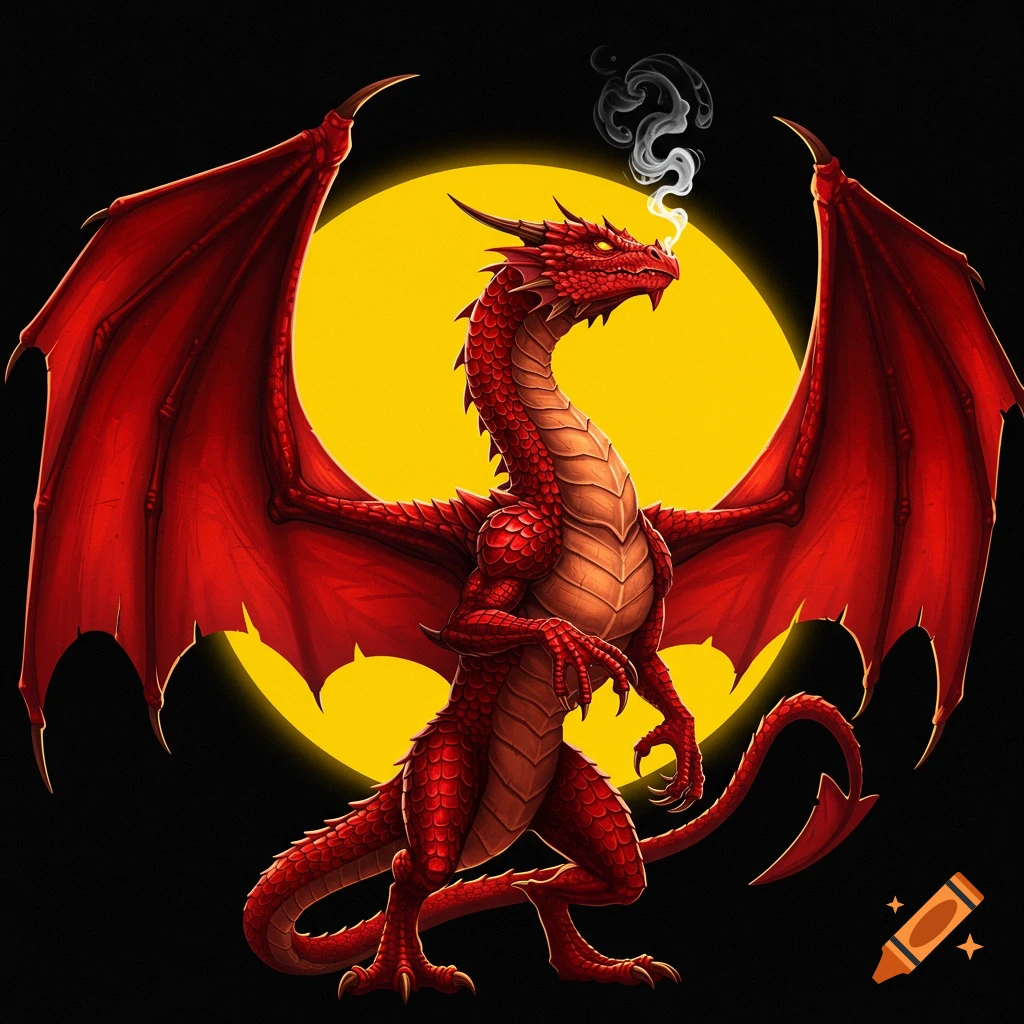 A vibrant red dragon with large wings stands against a bright yellow sun on a black background, exhaling smoke.