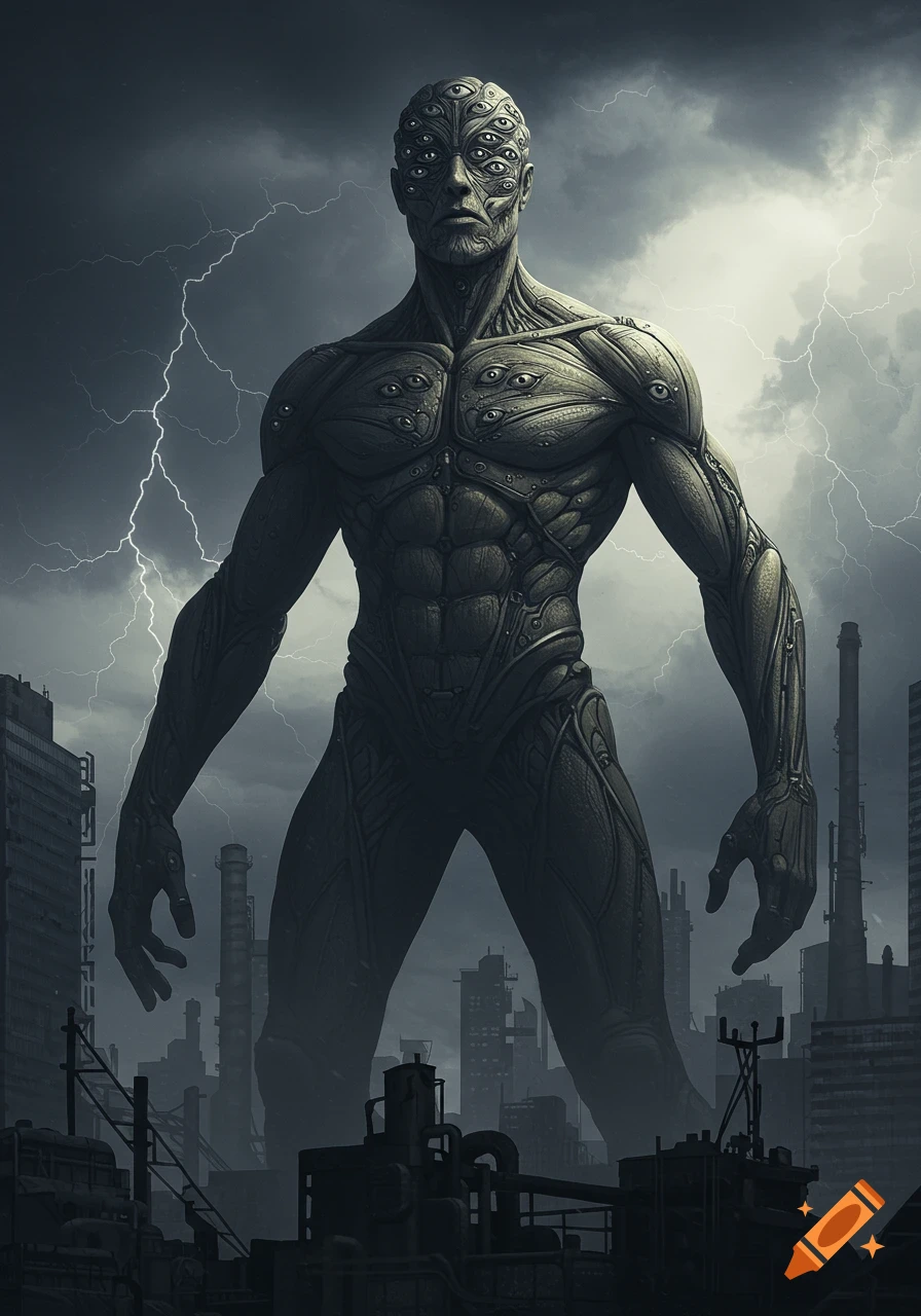 Giant muscular multi-eyed humanoid creature towering over an industrial city under a dark, stormy sky with lightning.