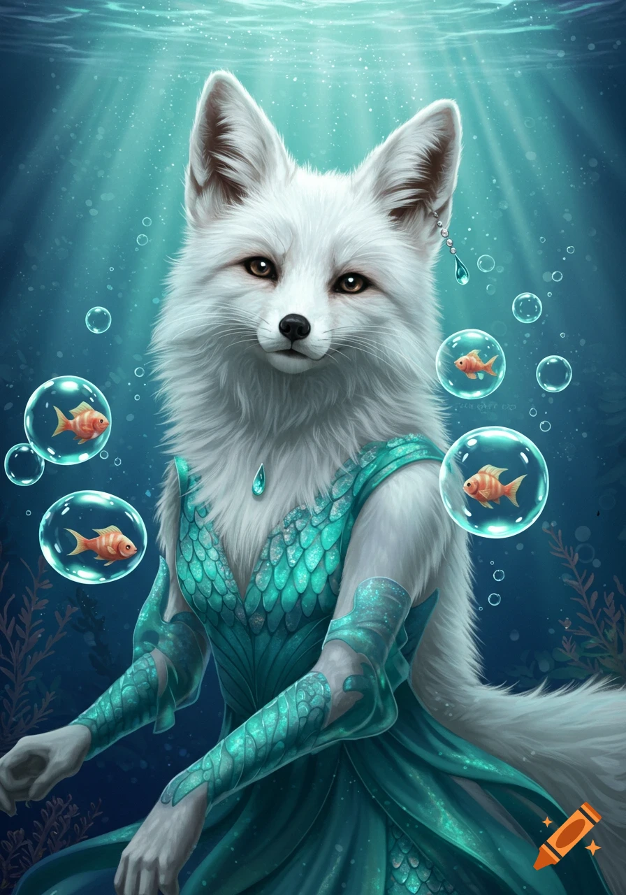 A white fox in a teal scale-patterned dress underwater, with fish in bubbles and a teardrop ear charm.