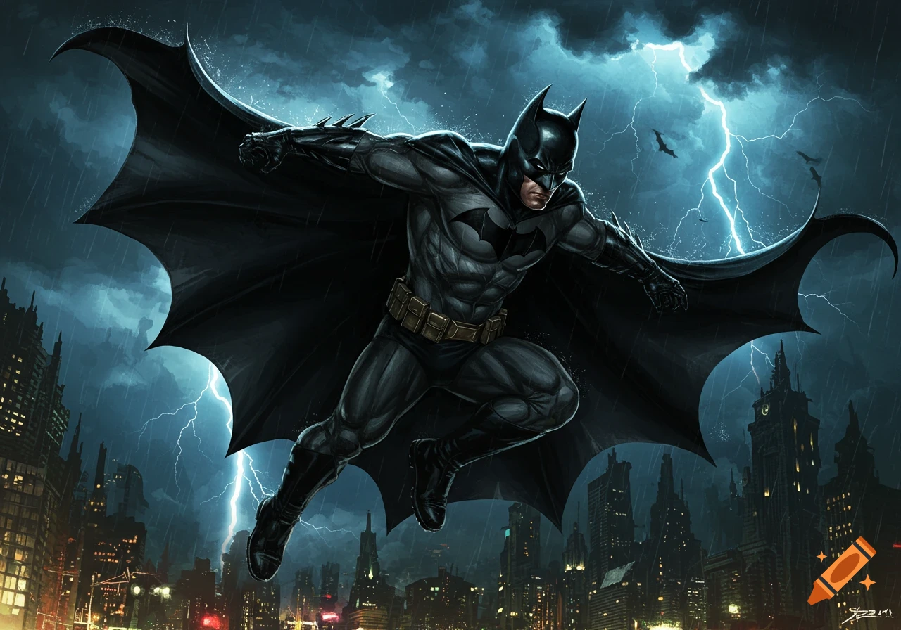 Batman arches through a stormy Gotham cityscape with lightning in comic art style.