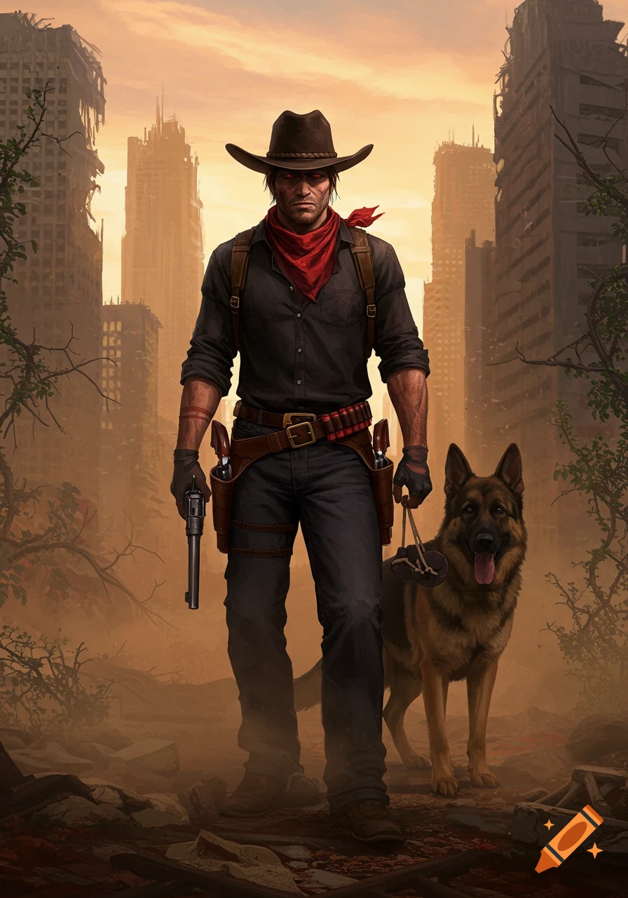 A grim cowboy with a red bandana, two revolvers, and a German Shepherd stands in a desolate, ruined city.