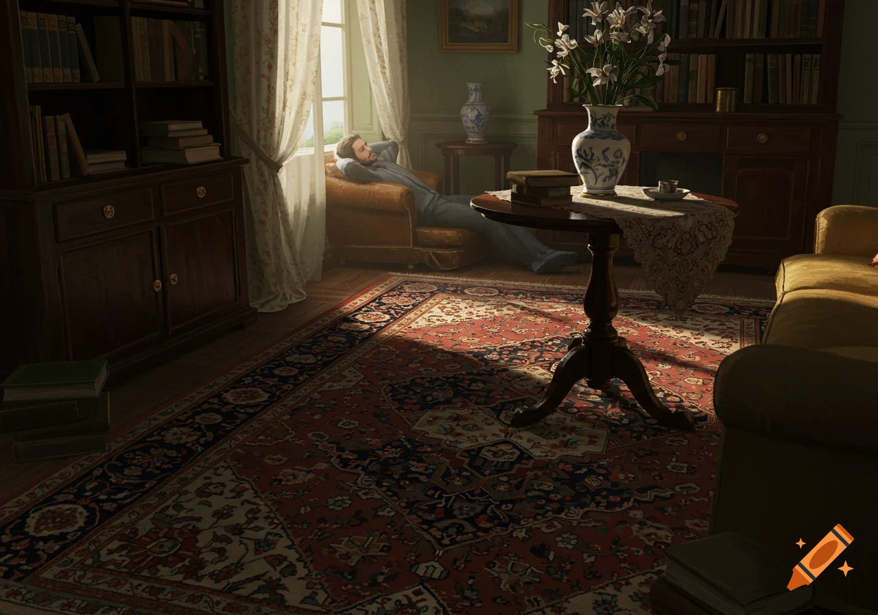 A man reclines in an armchair in a sunlit, classic-style room with a patterned rug, bookshelves, and a window.