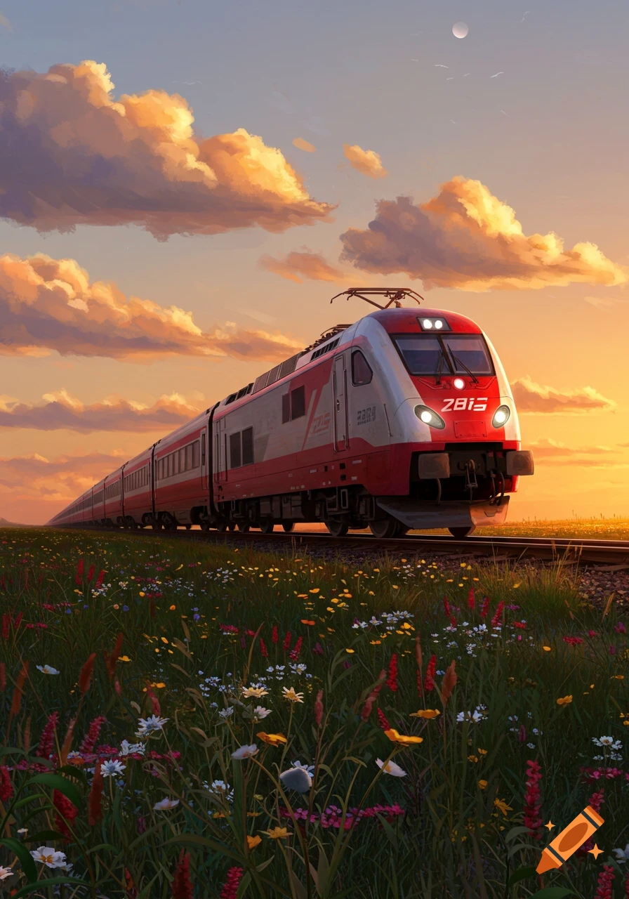 A red and white high-speed train travels through a vibrant field of wildflowers at sunset, with a crescent moon in the sky.
