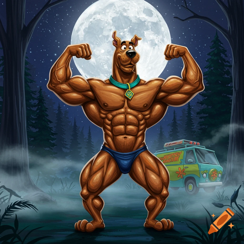 A muscular Scooby Doo poses in a forest clearing at night under a full moon, with the Mystery Machine van in the background.