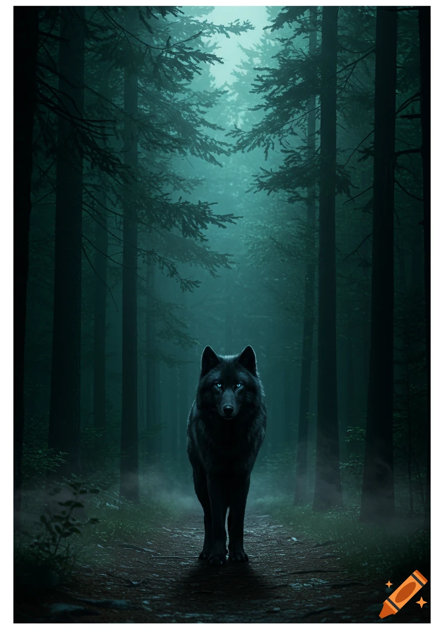 Photorealistic black wolf with glowing blue eyes on a misty forest path among dark pine trees at night.
