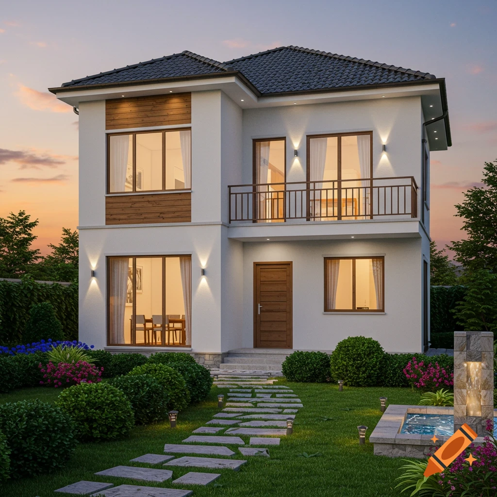Photorealistic modern two-story white house with a dark roof, balcony, lush garden, stone path, and fountain at sunset.