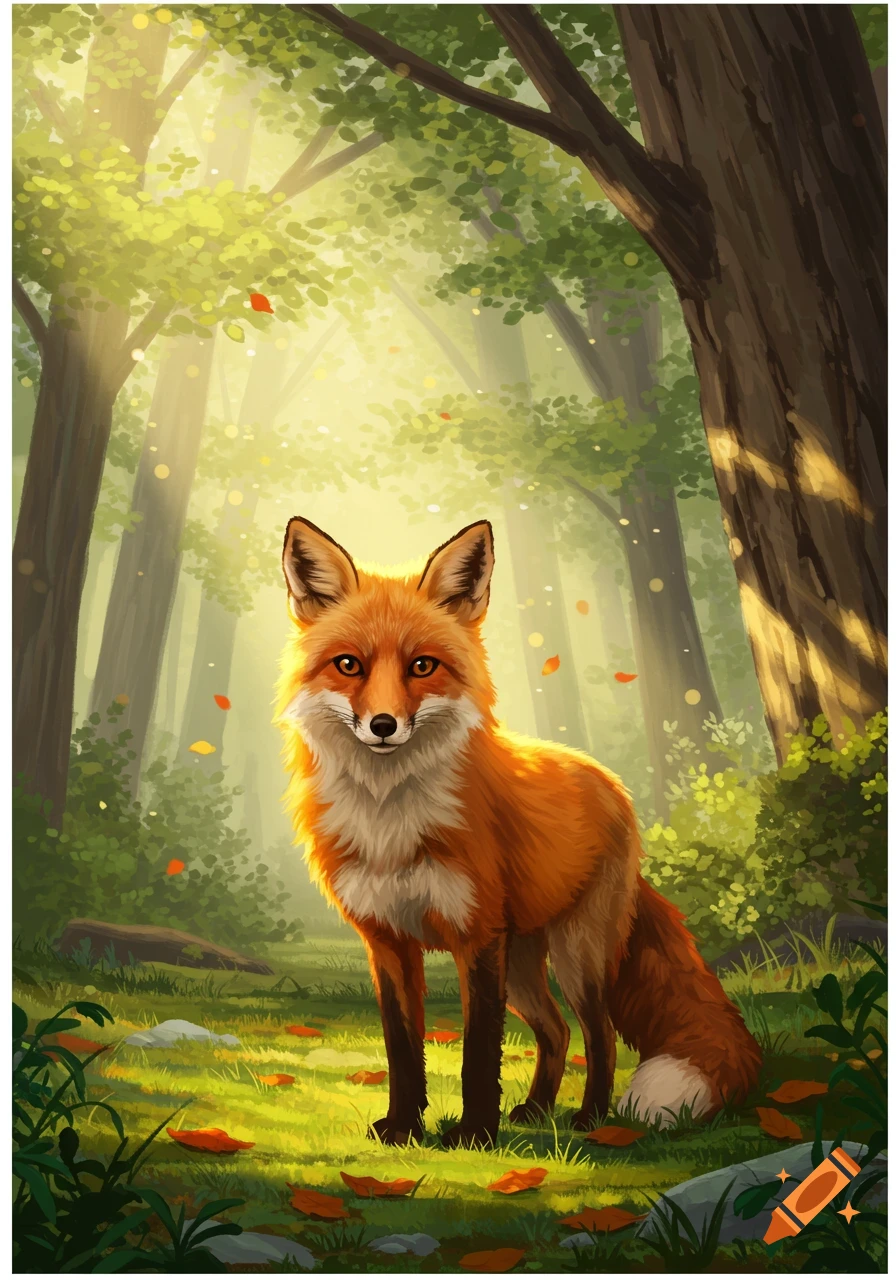 An orange fox with a white chest stands in a sunlit green forest with falling leaves, illustration style.