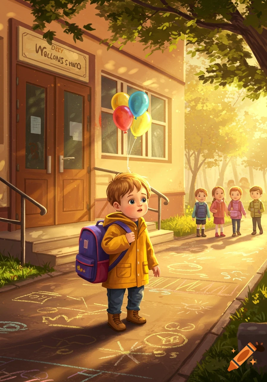 A nervous toddler with a backpack and balloons stands in front of a school as other children arrive, in a warm, illustrative style.
