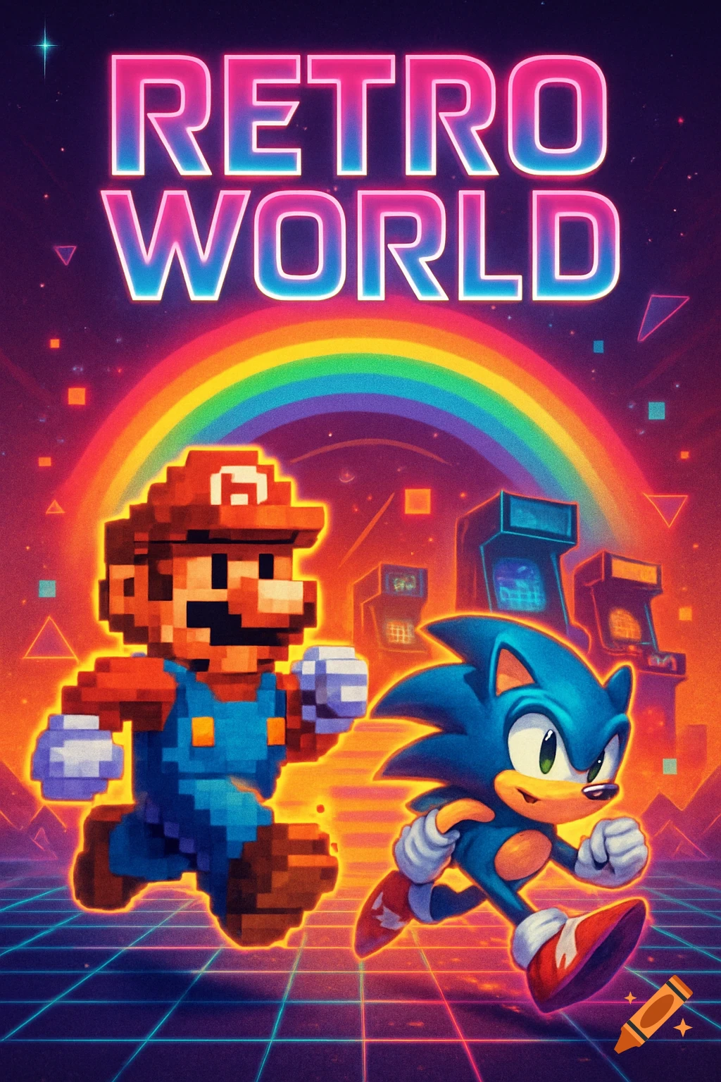 Pixelated Mario and stylized Sonic run under a rainbow with "RETRO WORLD" text, arcade machines, and a neon grid.