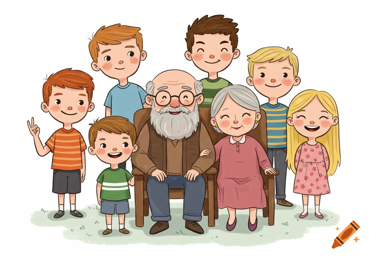 A cartoon illustration of a diverse family with grandparents and their six grandchildren smiling on a white background.