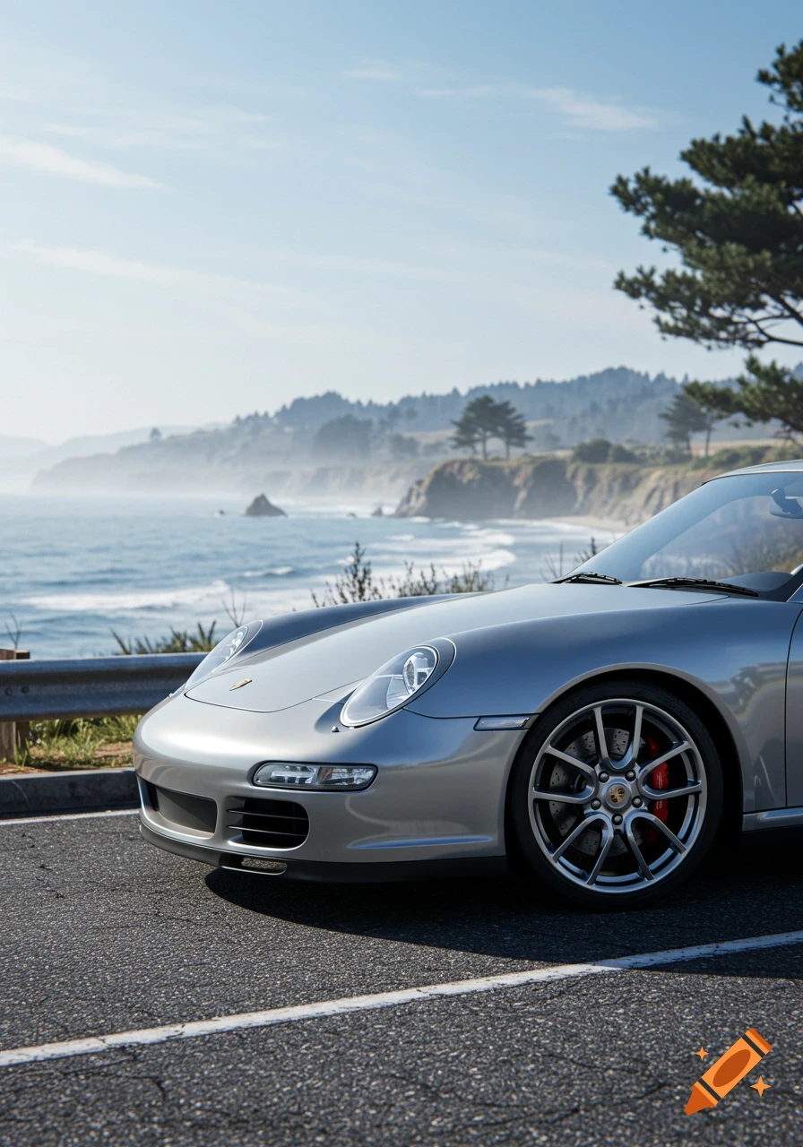 A silver Porsche sports car parked on a road, overlooking a misty coastline and ocean.