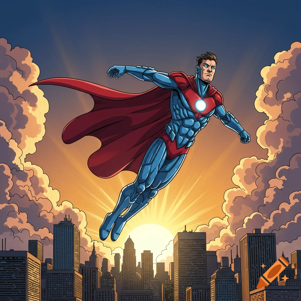 A comic book superhero in a red cape and blue suit flies over a city skyline at sunset.
