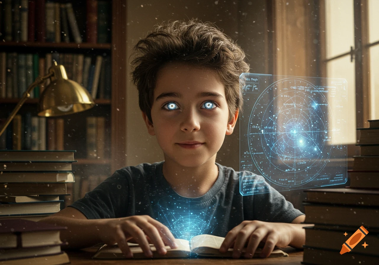A young boy with glowing blue eyes sits at a desk, looking at an open book with glowing text, next to a holographic star chart.