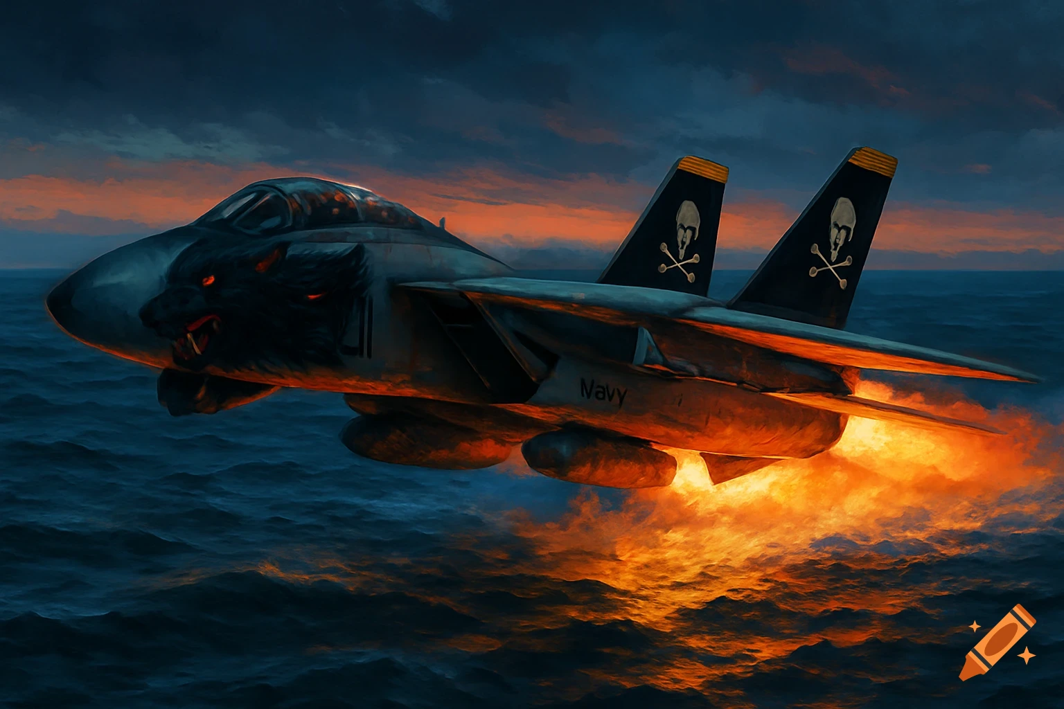 A stylized F-14 Tomcat with a wolf head nose art and Jolly Roger tail fins flies low over a dark, choppy ocean at sunset, engines blazing.
