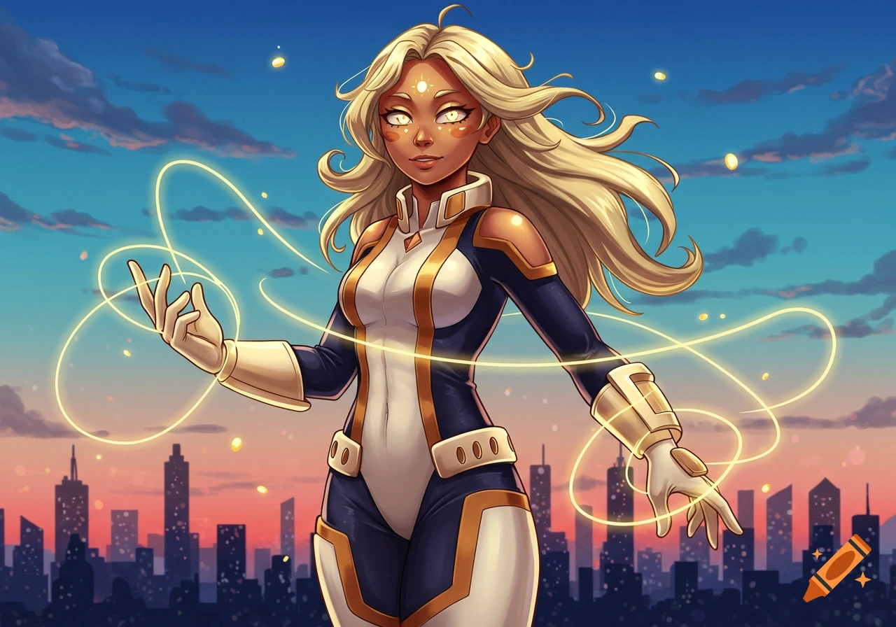 An anime superheroine with long blonde hair, tanned skin, and glowing eyes stands in a city at sunset, conjuring golden light.