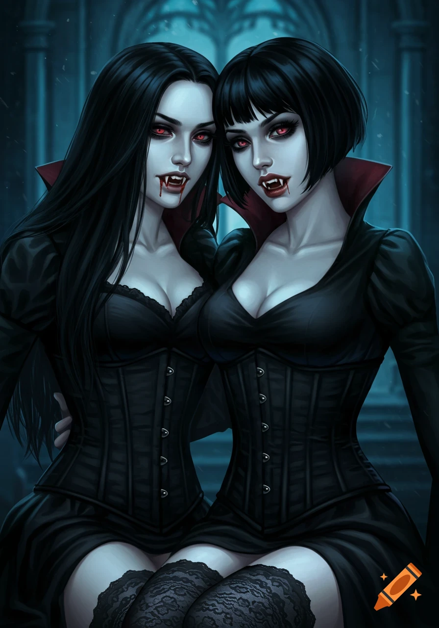 Two female vampires with red eyes, fangs, and blood, wearing black corsets and stockings, in a gothic castle. Digital art.