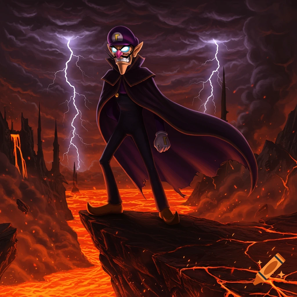 Waluigi in a dark cape stands menacingly on a rock amidst a fiery lava landscape with stormy, lightning-filled skies.