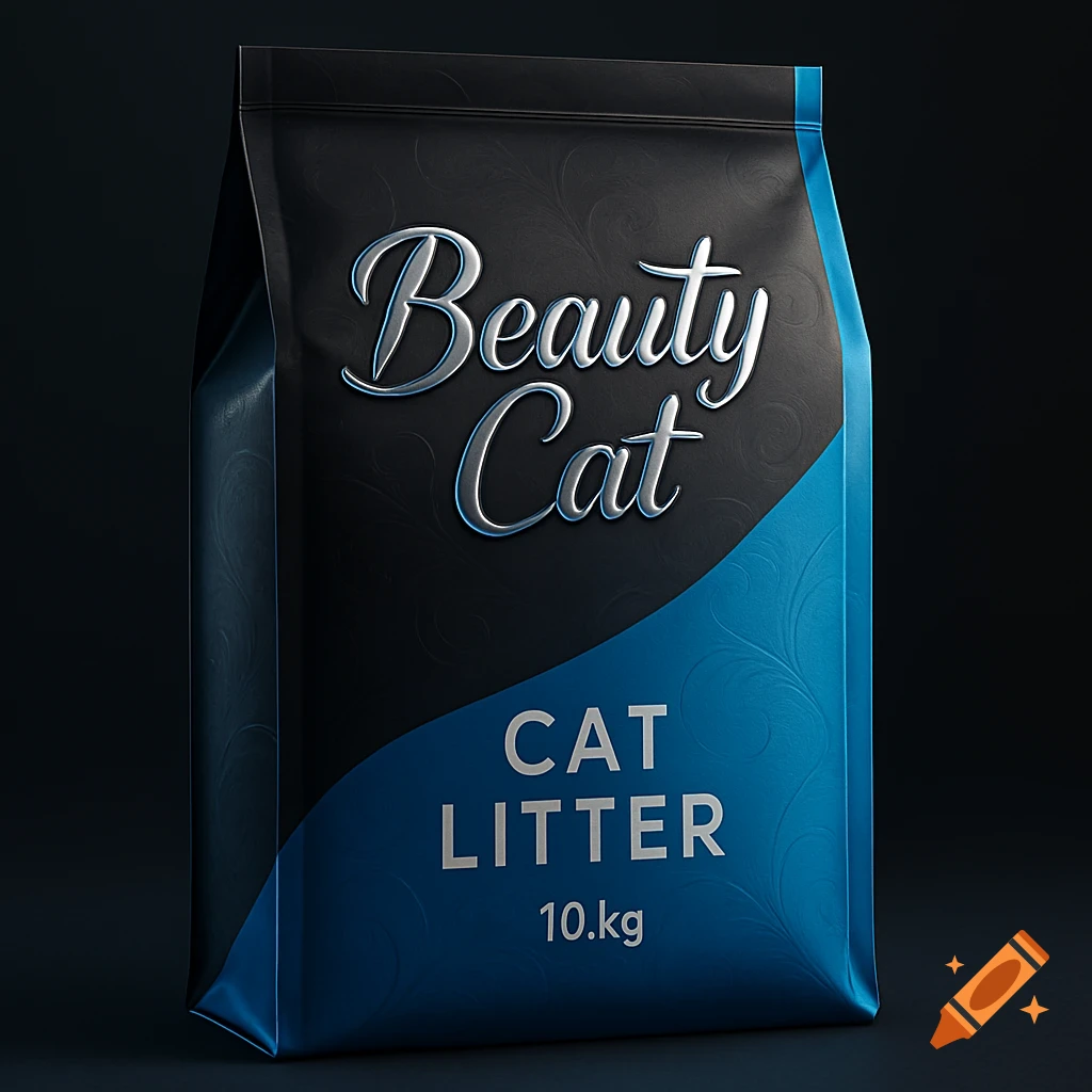 A photorealistic black and blue package of Beauty Cat brand cat litter, labeled 'CAT LITTER 10.kg'.