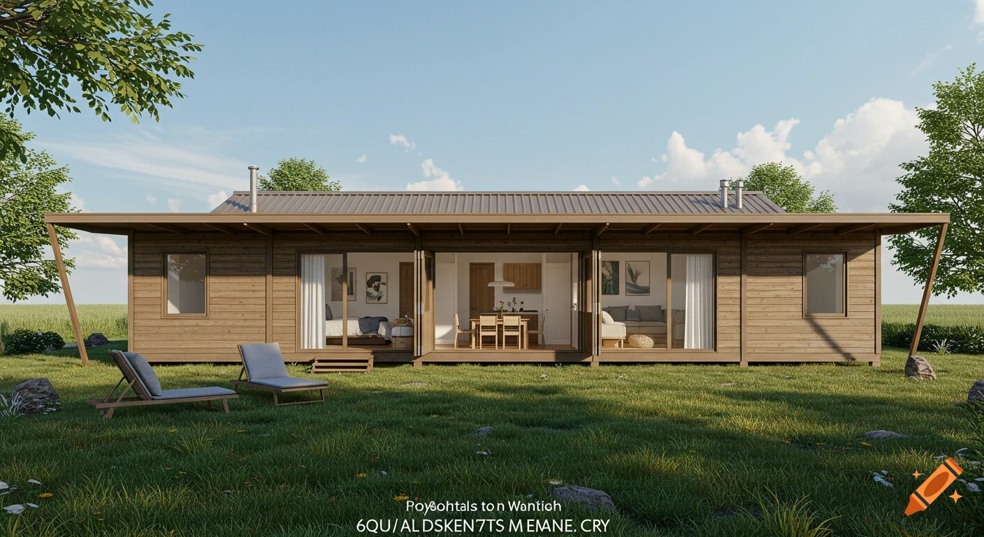A modern, single-story wooden house with a wide overhanging roof and large glass doors, surrounded by a grassy field under a blue sky.