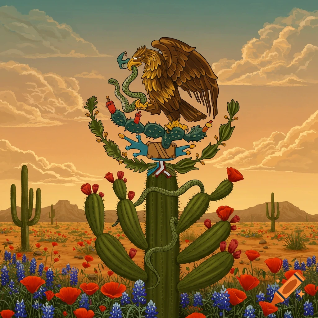 Mexican coat of arms with an eagle, snake, and nopal cactus, in a vibrant desert landscape with flowers under a cloudy sky.
