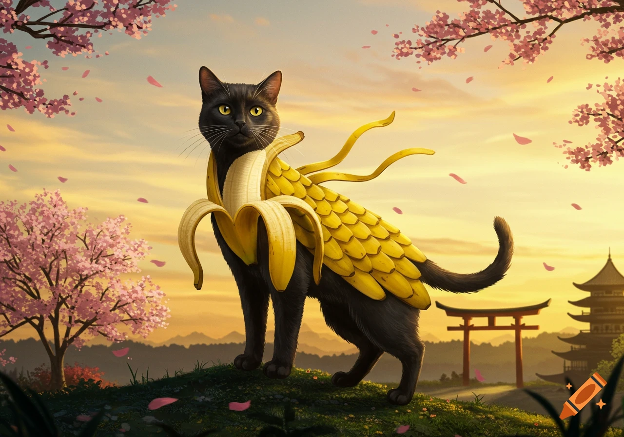 A black cat in banana peel samurai armor stands on a hill with cherry blossoms, a torii gate, and a pagoda at sunset.