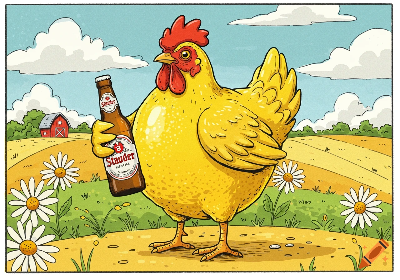 A cartoon yellow chicken with a lemon-like body holds a Stauder beer bottle in a sunny farm field with daisies and a red barn.