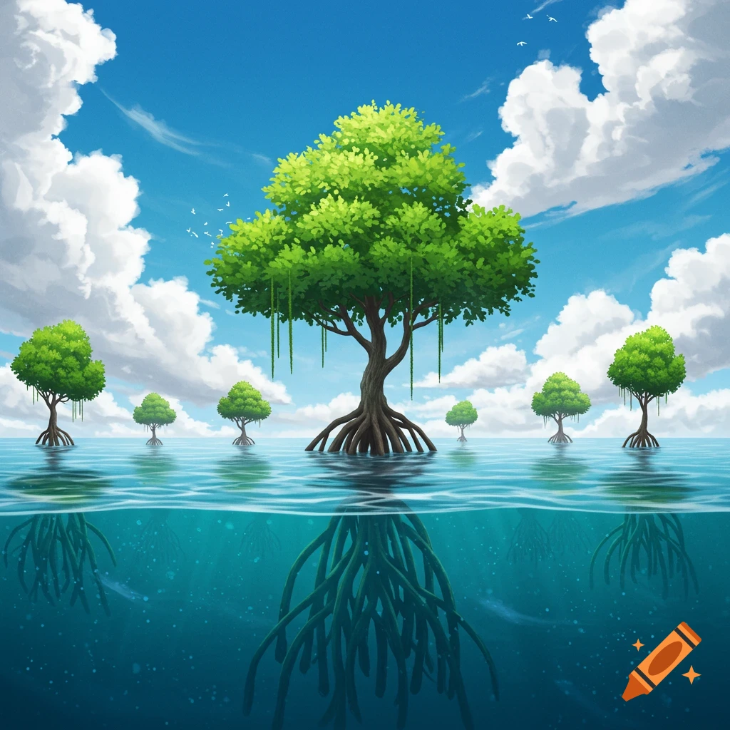 Stylized illustration of mangrove trees in clear blue water with visible roots underwater, under a bright blue sky with white clouds.