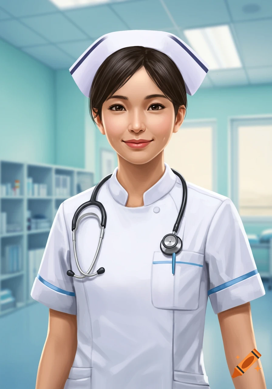 Smiling female nurse in white uniform with stethoscope, standing in a medical room. Digital illustration.