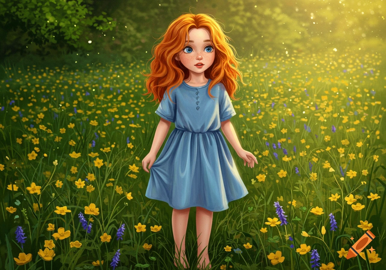 An illustration of a red-haired girl in a blue dress standing in a sunlit meadow of yellow and purple flowers.