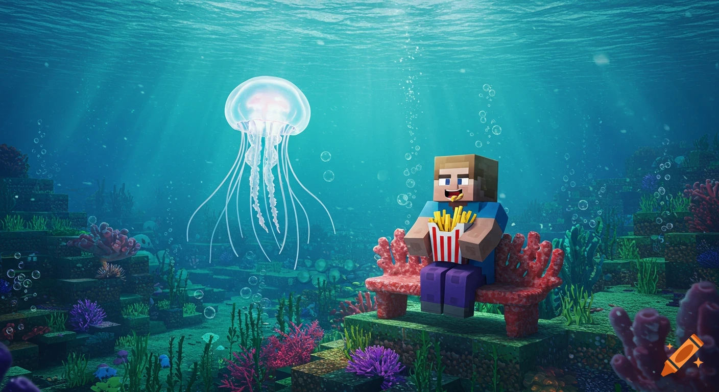 A Minecraft character sits on a red coral bench eating fries underwater, next to a glowing jellyfish.