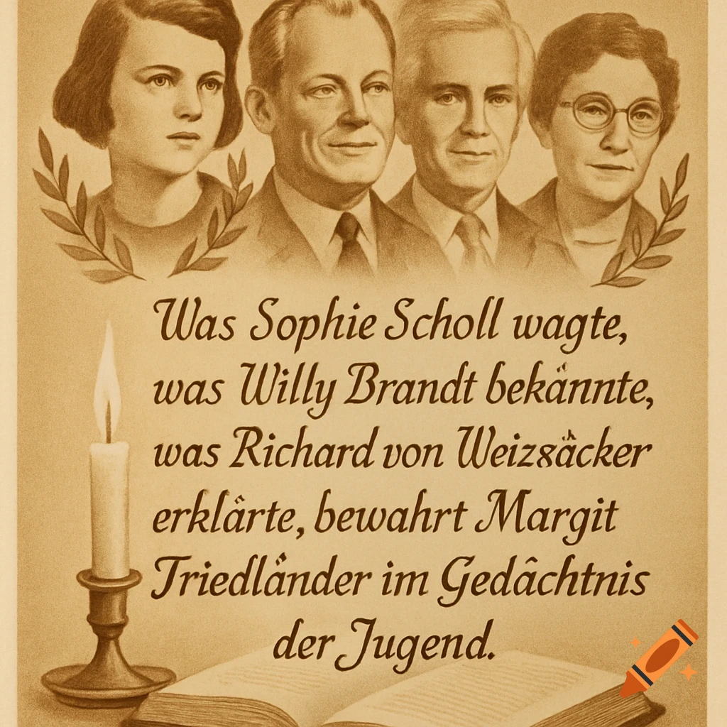 Sepia-toned vintage illustration with four symbolic portraits, a candle, open book, and German text.
