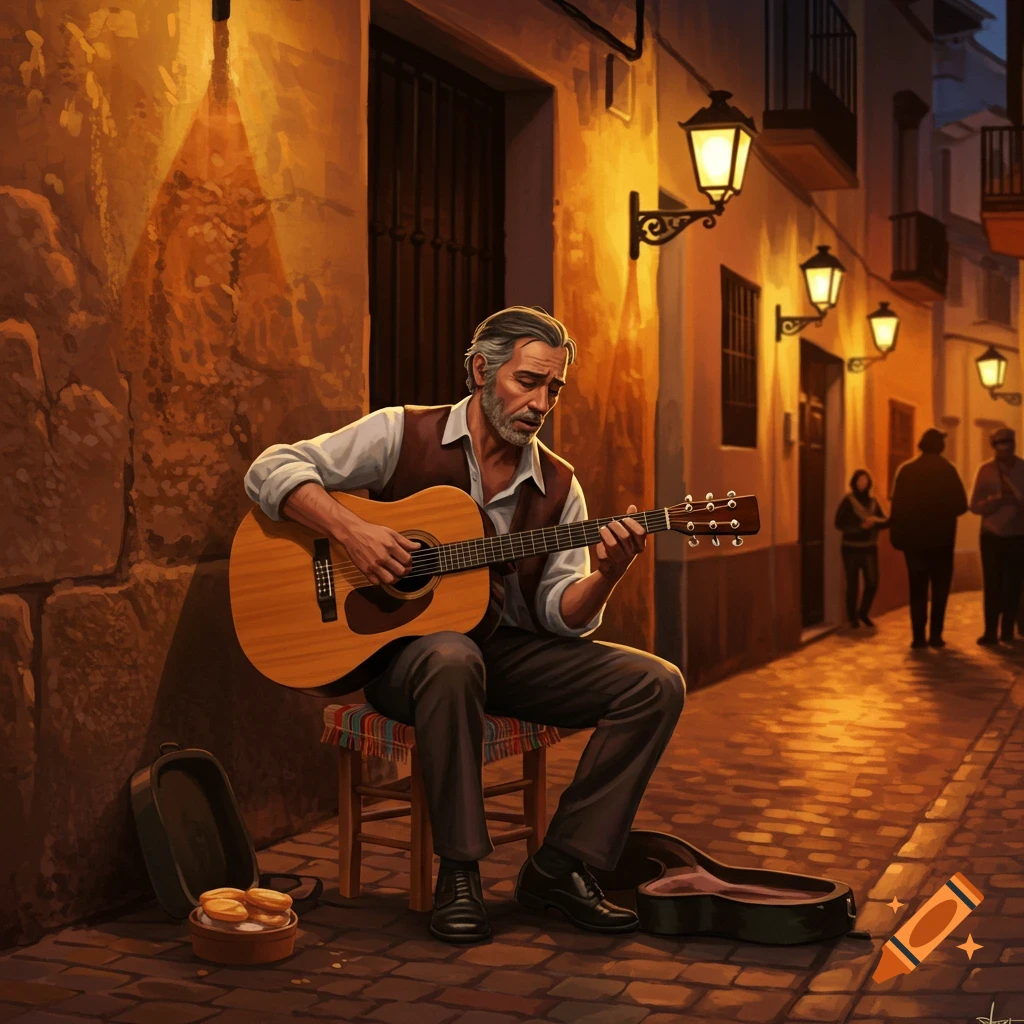 A grey-haired man plays an acoustic guitar while sitting on a stool in a narrow, warmly lit street at night, in a painterly style.