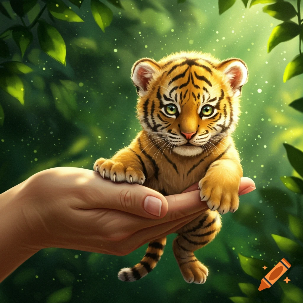A cute, fluffy baby tiger with green eyes sits in a human hand against a vibrant green jungle background with sparkling light.