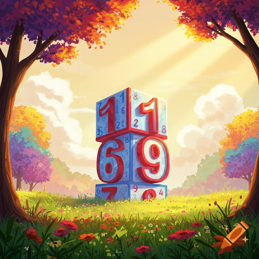 A vibrant, colorful illustration of a stack of large number blocks (11, 69, 70) in a lush, whimsical forest under a bright, sunny sky.