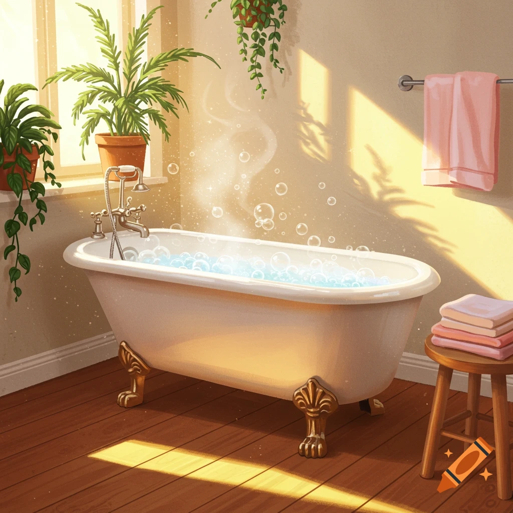 A sunlit bathroom with a clawfoot tub filled with bubbles, surrounded by potted plants, pink towels on a rack, and a wooden stool.