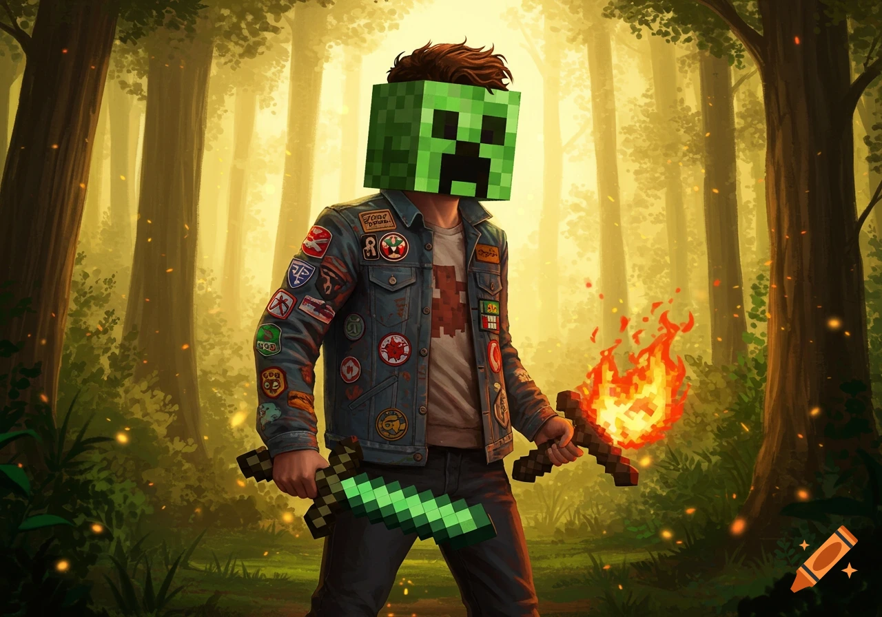 A person wearing a Minecraft Creeper head and a patched denim jacket holds pixelated fiery and green swords in a sunlit forest.