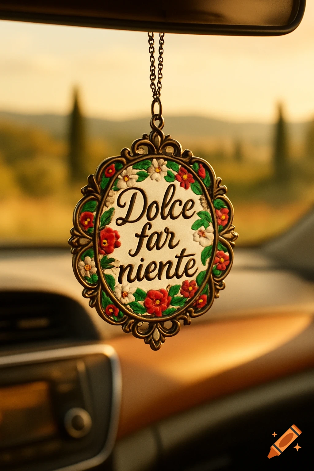 An ornate car mirror ornament with 'Dolce far niente' text, red and white flowers, and green leaves, against a blurred sunny landscape.
