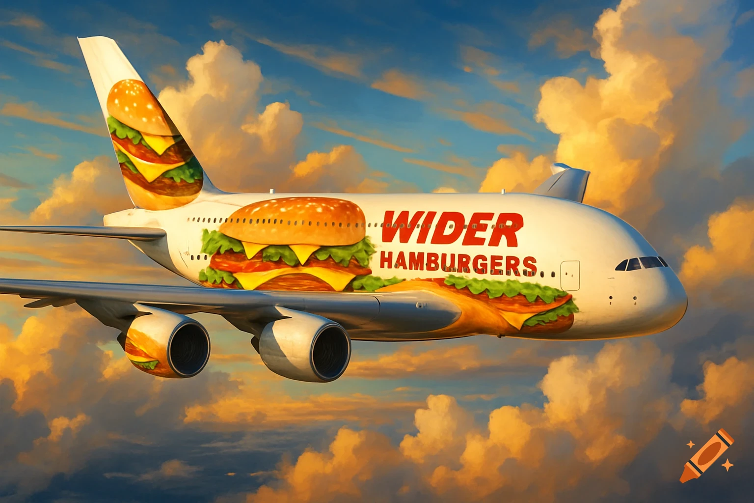 An Airbus A380 airplane flying through a cloudy sky, painted with a "WIDER HAMBURGERS.." livery and large hamburger graphics. The style is painterly.