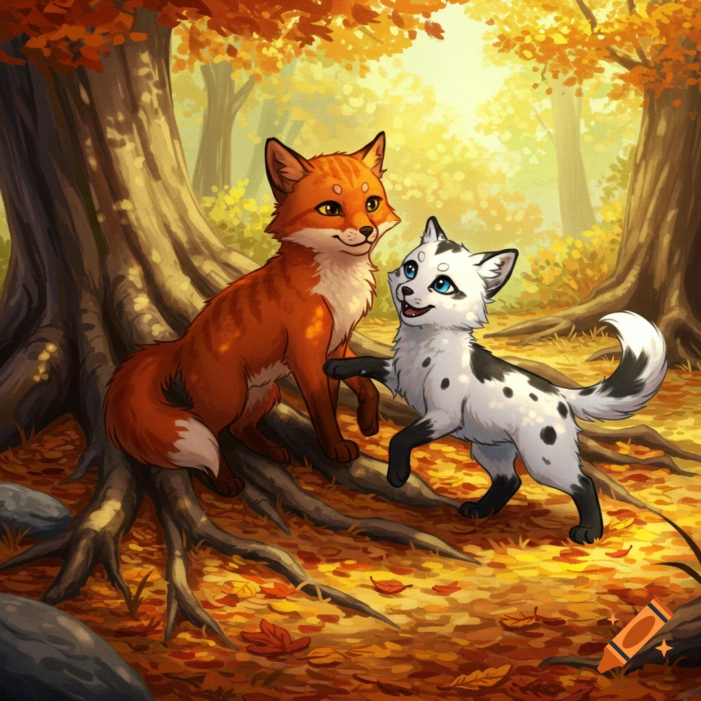 An illustration of a red-brown fox kit and a white spotted fox kit playing in an autumn forest with colorful leaves.