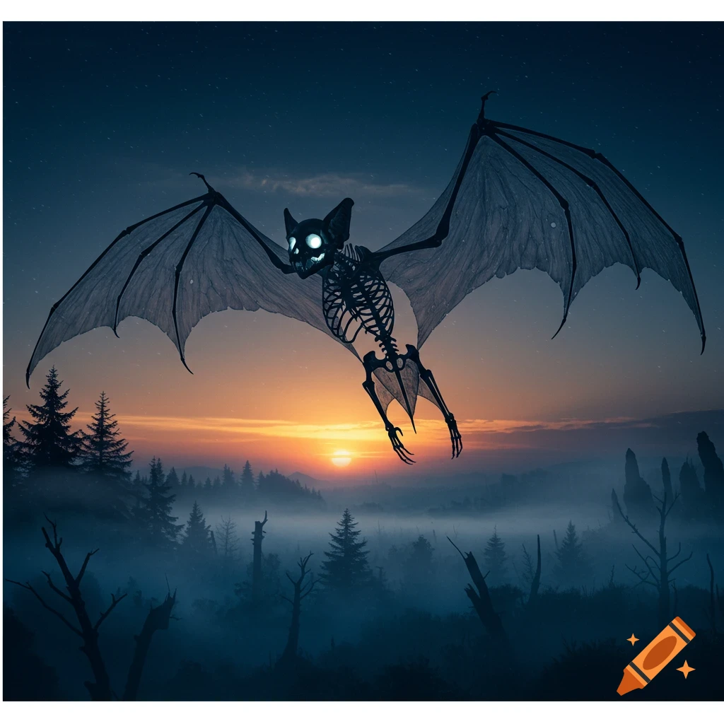 A skeletal bat with glowing eyes flies over a misty, dark forest at sunset.